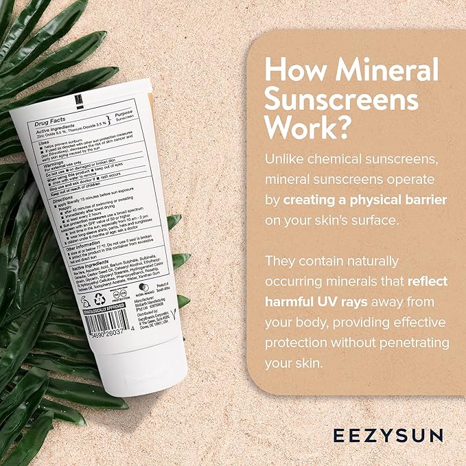 EEZYSUN Mineral Sunscreen SPF 50 - Non-Greasy, Weightless, Sweat-Resistant, Vegan & Reef-Safe Mineral Based Sunscreen for Face and Body with Aloe Vera, UVA/UVB Protection - All Skin Types - 3.3 fl oz