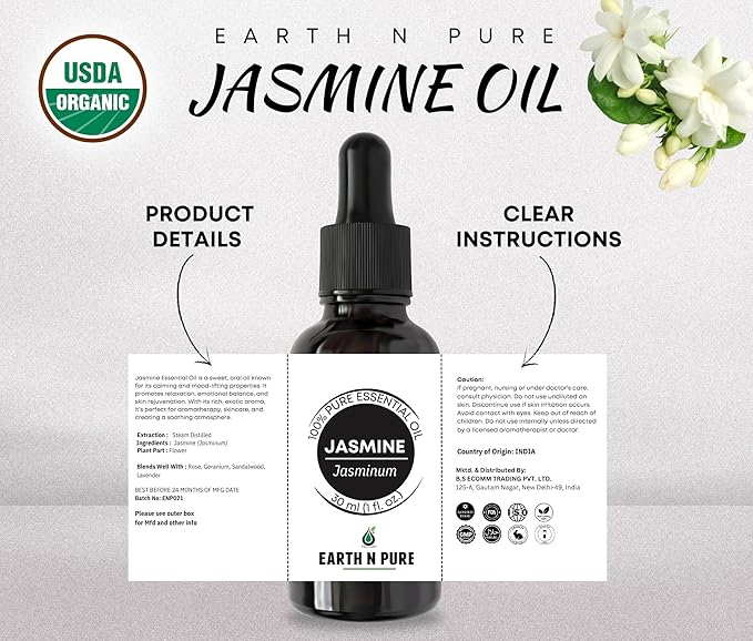 Earth N Pure Jasmine Essential Oil for Hair Growth, Skin Care, Pooja and Aromatherapy with Glass Dropper | 30 ML