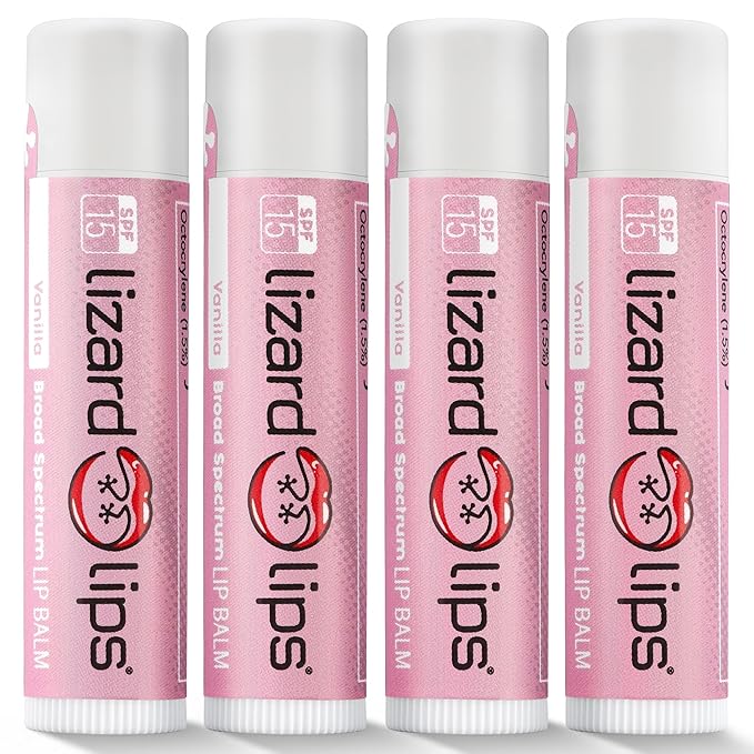 LizardLips Lip Balm SPF 15; Pack of 4 Vanilla, Natural Hydrating Moisturizing Lip Sunscreen; Smooth Classic Flavor; Fun Quirky Beach Vacation Essentials