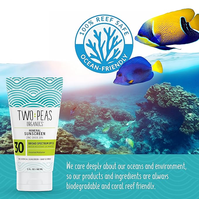 Two Peas Organics Mineral Sunscreen SPF 30 Lotion, Non-Nano Zinc, Reef Safe, Baby & Family Sensitive Skin, Water-Resistant 80 Min, Unscented, Organic & Cruelty Free, 3 oz Twin Pack