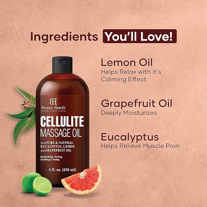 Botanic Hearth Cellulite Massage Oil 8 Fl Oz| Refreshing, Relaxing Massage Oils for Muscle Relaxing & Joint Comfort | Made with Natural Oils | for All Skin Types, for Men & Women