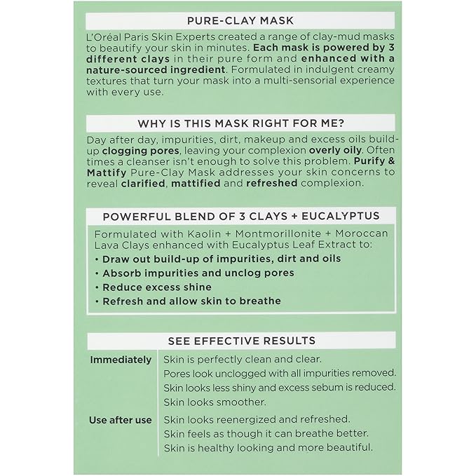 L'Oréal Paris Skincare Pure-Clay Face Mask with Eucalyptus for Oily and Shiny Skin to Purify and Matify, 1.7 Ounce (Pack of 1)