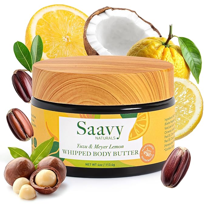 Saavy Naturals Whipped Body Butter - Made with Organic Shea Butter, Essential Body Care & Dry Skin Moisturizer for Women, Velvety Rich Cream Texture, Naturally Scented - Yuzu & Meyer Lemon, 4 oz