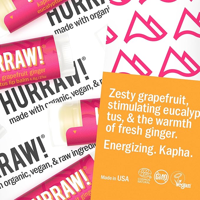 Hurraw! Grapefruit, Ginger, Eucalyptus (Kapha) Lip Balm: Organic, Certified Vegan, Cruelty and Gluten Free. Non-GMO, 100% Natural Ingredients. Bee, Shea, Soy and Palm Free. Made in USA