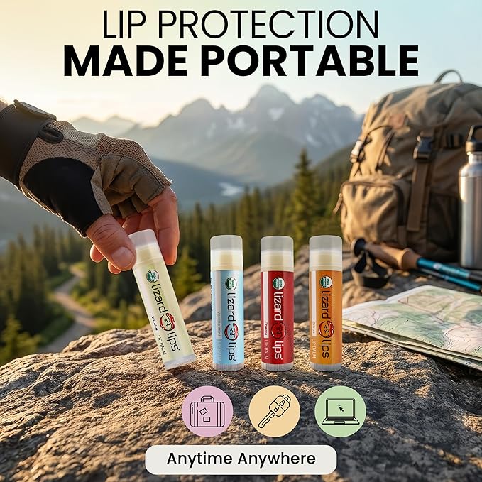 LizardLips Natural Lip Balm Set of 4 ;USDA Certification Lip Moisturizer; Vanilla, Vanilla Mint, Cherry, Citrus; Travel-Friendly Everyday Care; Fun Quirky Beach Vacation Essentials