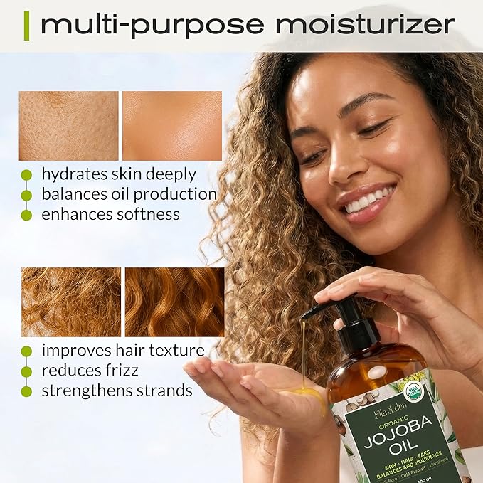 Ella & Eden 16 Oz Organic Jojoba Oil For Hair – USDA Certified – 100% Pure Cold-Pressed & Unrefined Moisturizer for Hair, Skin, Face & Nails, Hexane-Free Carrier Oil - Food Grade Plastic Bottle
