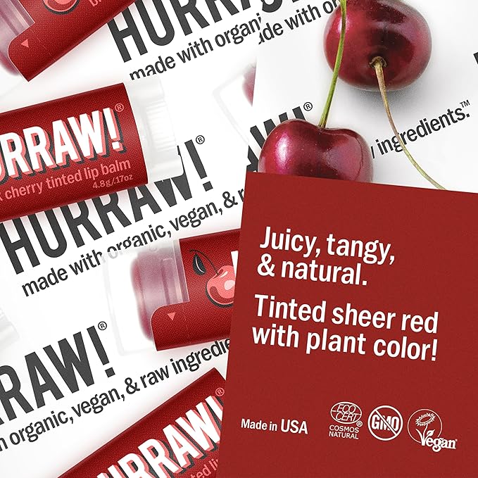 Hurraw! Black Cherry Tinted Lip Balm, 5 Pack: (Sheer Red Tint) Organic, Certified Vegan, Cruelty and Gluten Free. Non-GMO, 100% Natural Ingredients. Bee, Shea, Soy and Palm Free. Made in USA