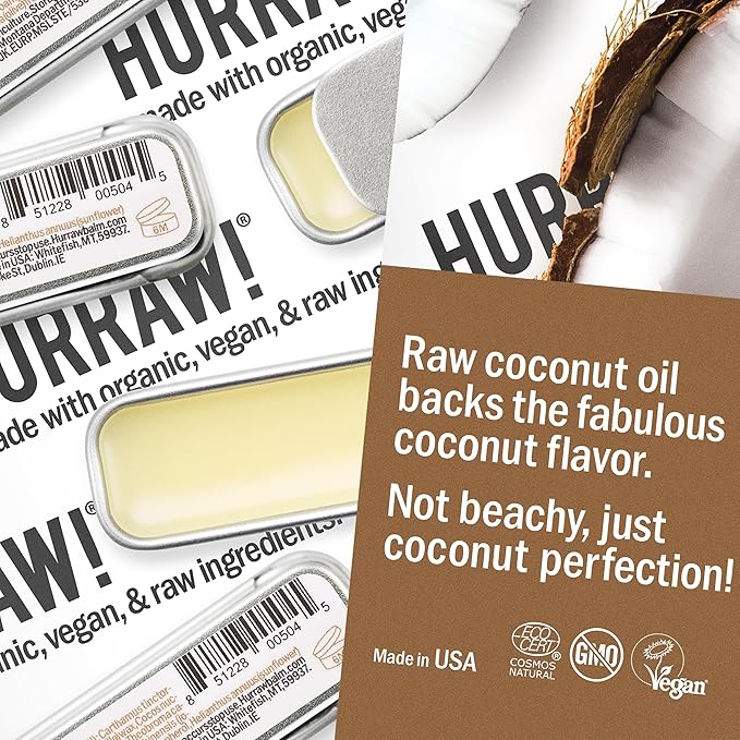 Hurraw! Coconut, Mint, Vanilla Lip Balm Slim Slider Tins, 3 Pack Bundle: Organic, Certified Vegan, Cruelty and Gluten Free. Non-GMO, All Natural Ingredients. Bee, Shea, Soy and Palm Free. Made in USA