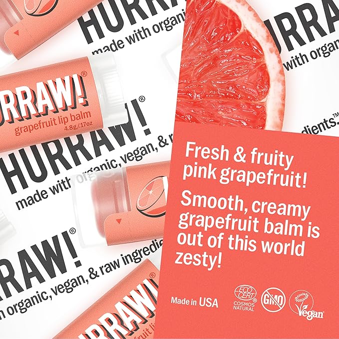 Hurraw! Grapefruit Lip Balm: Organic, Certified Vegan, Cruelty and Gluten Free. Non-GMO, 100% Natural Ingredients. Bee, Shea, Soy and Palm Free. Made in USA