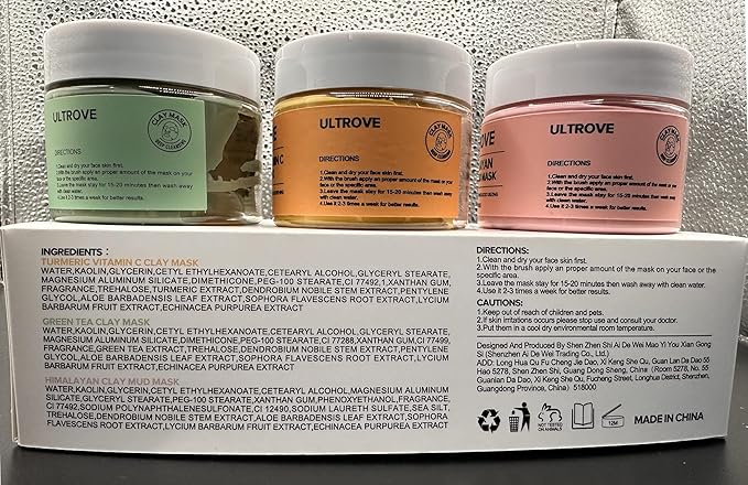 3-in-1 Clay Mask Set for Face | Green Tea, Turmeric Vitamin C & Himalayan Pink Clay | Deep Cleansing, Pore Refining, Moisturizing Facial Mask Kit (3.5oz Each) + Silicone Brush