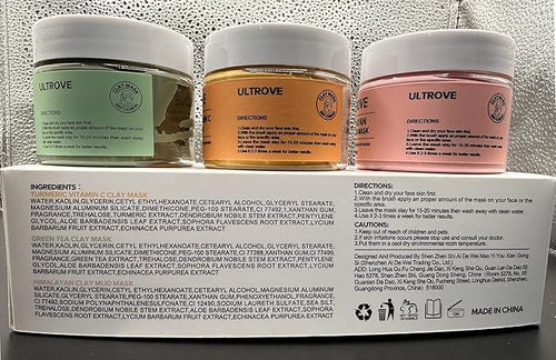 3-in-1 Clay Mask Set for Face | Green Tea, Turmeric Vitamin C & Himalayan Pink Clay | Deep Cleansing, Pore Refining, Moisturizing Facial Mask Kit (3.5oz Each) + Silicone Brush