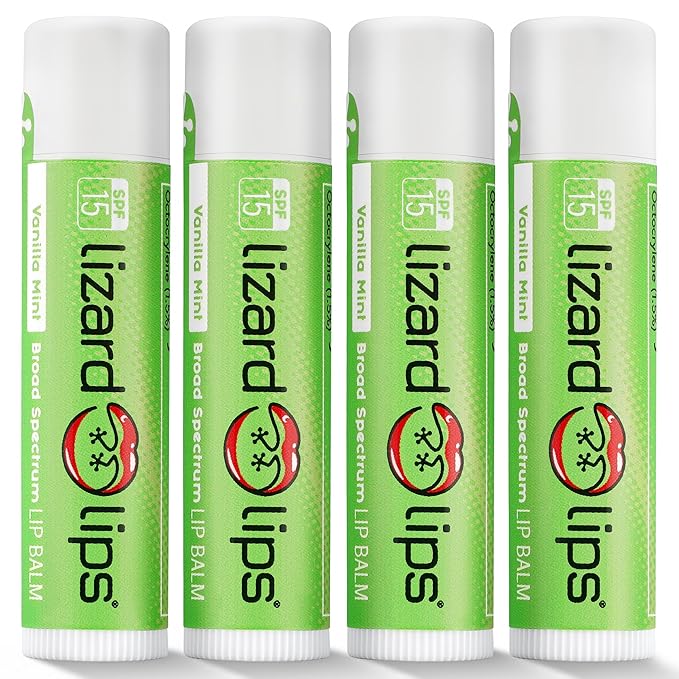 LizardLips Lip Balm SPF 15; Pack of 4 Vanilla Mint, Natural Hydrating Moisturizing Lip Sunscreen; Refreshing Minty Sweetness; Fun Quirky Beach Vacation Essentials