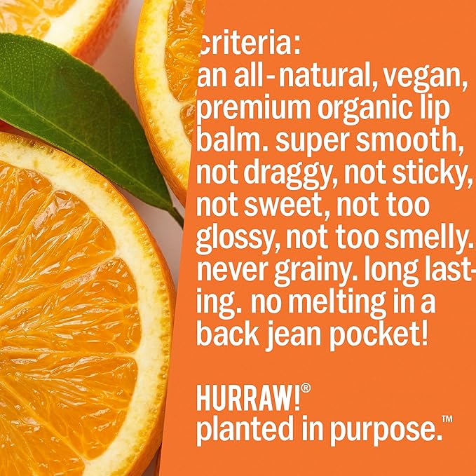 Hurraw! Orange Lip Balm: Organic, Certified Vegan, Cruelty and Gluten Free. Non-GMO, 100% Natural Ingredients. Bee, Shea, Soy and Palm Free. Made in USA