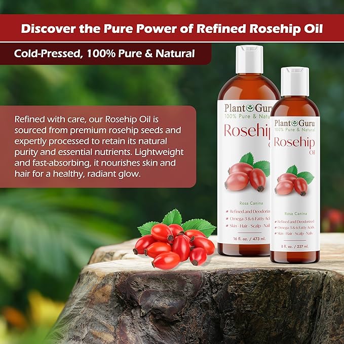 Plant Guru Rosehip Oil Refined 8 fl. oz. – Cold Pressed, 100% Pure & Natural Carrier for Skin, Face, Body, and Hair Moisturizing. Great for DIY Creams, Lotions, and Lip Balms