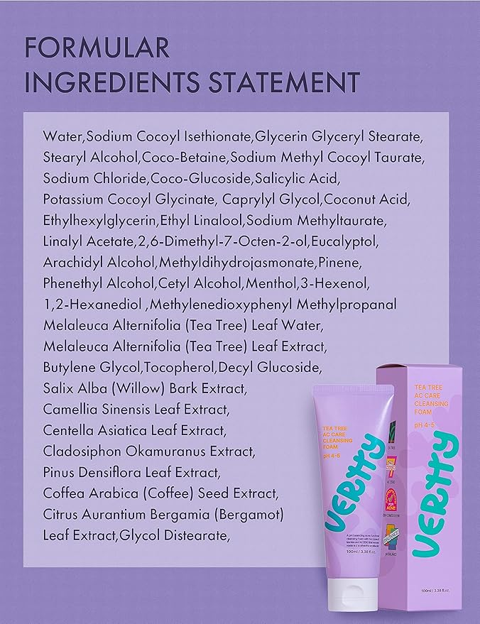vertty Tea Tree Vegan Cleansing Foam | Daily Oil Control Cleanser | Hydro Boost Exfoliating, Moisturizing, Hydrating, Soothing Cleanser for Sensitive Skin | Teens & Kids Skin Care (3.38oz)