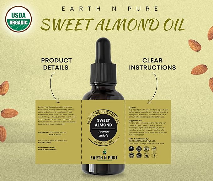 Earth N Pure Sweet Almond Oil (Badam Oil) Cold Pressed, Therapeutic Grade for Body, Skin, Hair 50 ml