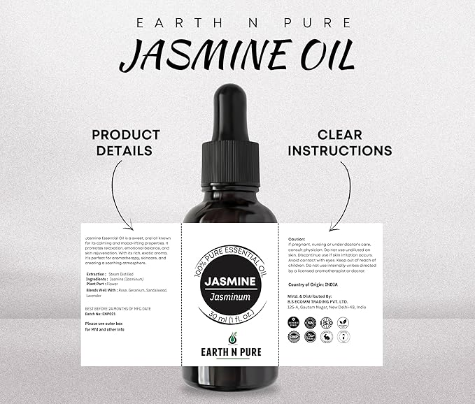 Earth N Pure Jasmine Essential Oil|100% Natural and Therapeutic Grade|Undiluted|for Aromatherapy|Flawless Skin|Soap Making|Massage|Improve Hair Growth|Relaxation|with Glass Dropper |100ML