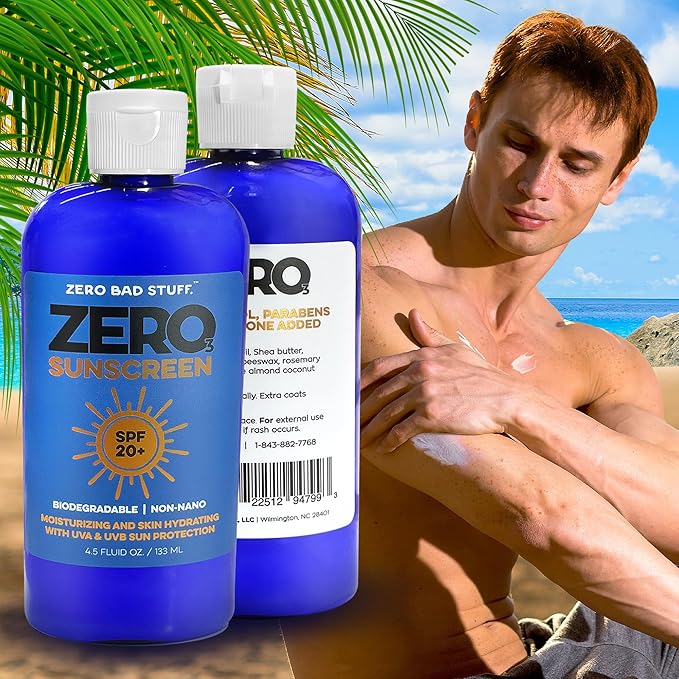 ZERO SPF 20 Natural Sunscreen, UVA/UVB Sunblock for Sport and Everyday Use, Coral Reef Friendly Sun Lotion, Made with 100% Natural Ingredients - Coconut Oil, Shea Butter, Zinc Oxide, Beeswax, 4.5oz