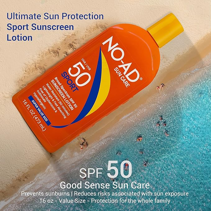 NO-AD SPF 50 SPORT Sunscreen Lotion | Hypoallergenic | Broad Spectrum UVA/UVB Protection | Water Resistant | Octinoxate & Oxybenzone Free with moisturizing Vitamin E and Aloe 16oz