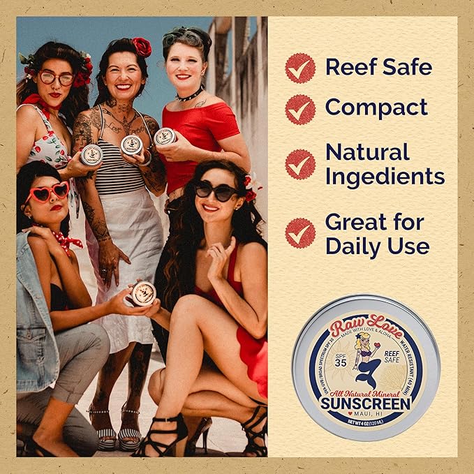 Raw Love Reef Safe Sunscreen SPF 30 + 5 (35) for Face & Body, Mexico & Hawaii 104 Reef Act Approved Biodegradable Sun Screen Travel Size, Water Resistant, Natural, 98% Organic Mineral Zinc Oxide, 2 Oz