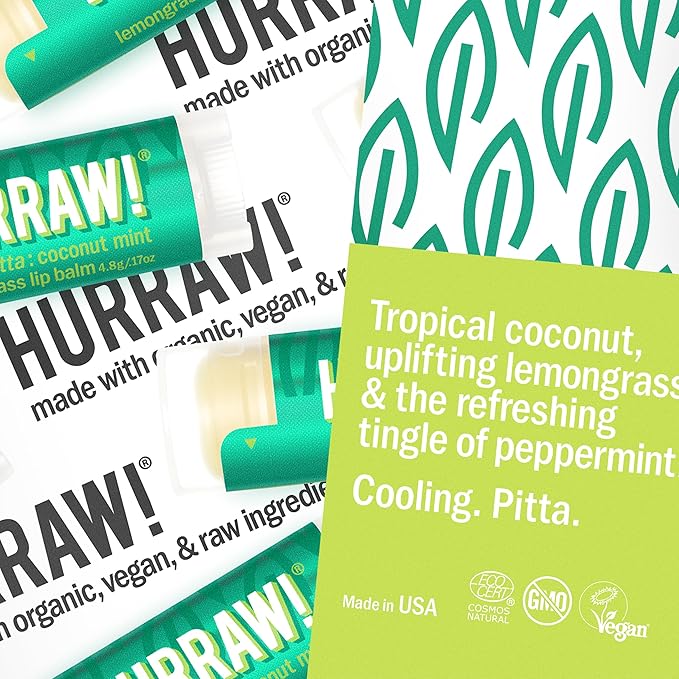 Hurraw! Pitta (Coconut, Mint, Lemon Grass), Kapha (Grapefruit, Ginger, Eucalyptus), Vata (Almond, Cardamon Rose) Lip Balms, 3 Pack Bundle: Organic, Certified Vegan, Cruelty, Gluten Free, 100% Natural