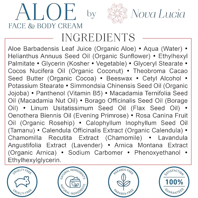 Aloe Vera Cream for Skin – Soothing Moisturizer for Dry, Itchy, or Sensitive Skin, Sunburn Relief, Hydrating Face & Body Cream, Non-Greasy, Fragrance-Free