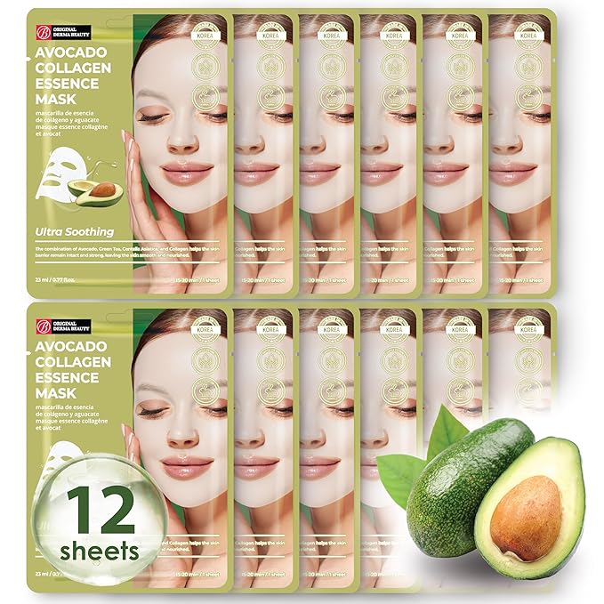 Innerest Original Derma Beauty Collagen Face Masks Skincare -12 PK Ultra Soothing Avocado Face Mask Skin Care Sheet masks Set for Beauty & Personal Care Korean Face Mask