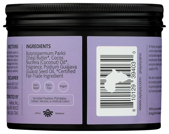 AYÉYA Whipped Shea Body Butter – Peace – Lavender, Ginger, and Lemon – Fragrance-Free Vegan Moisturizer for Sensitive Skin, Redness, or Acne – Non-Comedogenic Shea and Coconut Cream – 5 oz