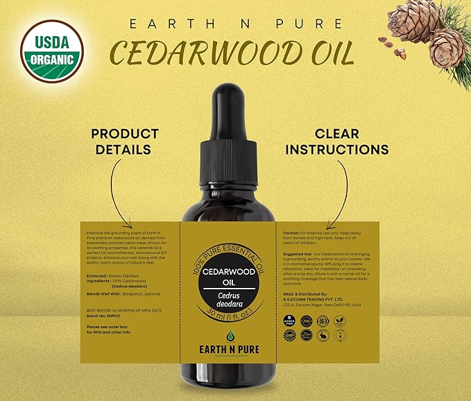 Earth N Pure Cedarwood Essential Oil for Skin and Hair | Natural and Therapeutic Grade | 15 ML