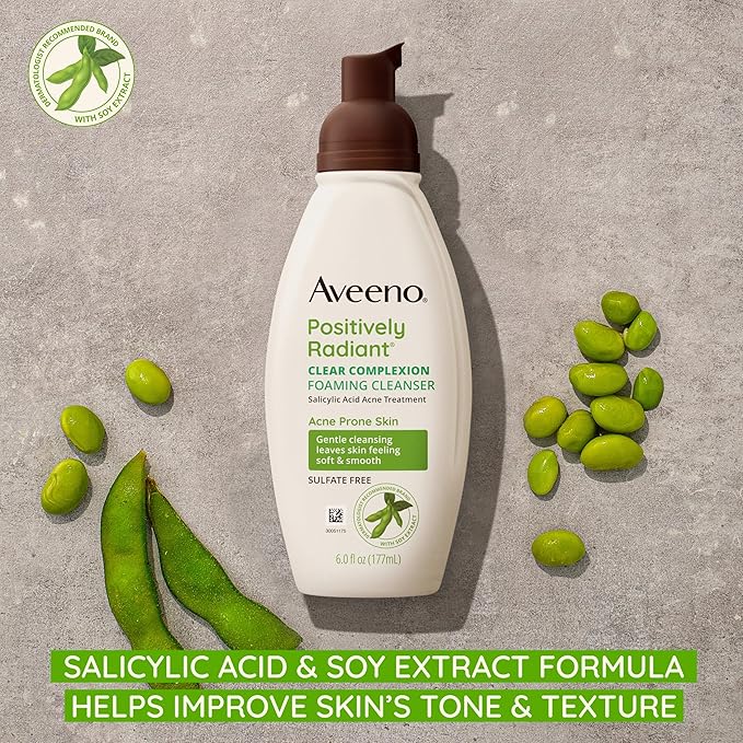 Aveeno Clear Complexion Foaming Oil-Free Facial Cleanser with Soy Extract & 0.5% Salicylic Acid, Acne Treatment Face Wash for Acne-Prone Skin, Sulfate-Free & Hypoallergenic, 6 fl. oz