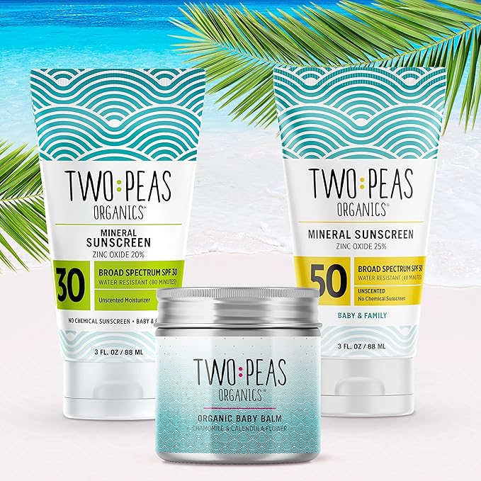 Two Peas Organics Mineral Sunscreen SPF 30 Lotion, Non-Nano Zinc, Reef Safe, Baby & Family Sensitive Skin, Water-Resistant 80 Min, Unscented, Organic & Cruelty Free, 3 oz Twin Pack