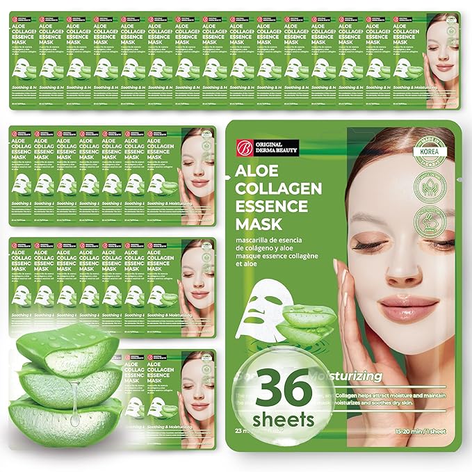 Innerest Original Derma Beauty Collagen Face Masks 36 PK Vegan Ultra Moisturizing Face Masks Skincare Sheet Masks Set for Beauty & Personal Care Korean Face Mask (Aloe)