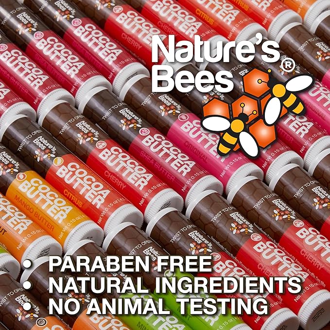 Nature's Bees Cocoa Butter Lip Balm Moisturizer, 24 Pack - 4 Flavors, Original, Shea Butter, Mango Butter, & Olive Oil, Made with Coconut Oil, Beeswax, Vitamin E and Aloe, 0.15 oz - Packaging May Vary