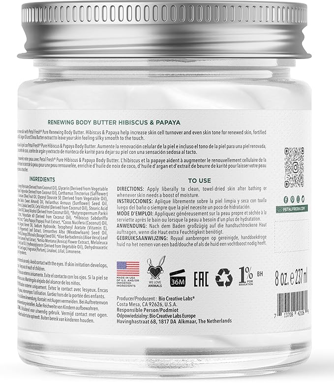 Petal Fresh Pure Renewing Hibiscus & Papaya Body Butter, Organic Coconut Oil, Argan Oil, Shea Butter, Skin Softening, For all Skin Types, Natural Essential Oils, Vegan and Cruelty Free, 8oz