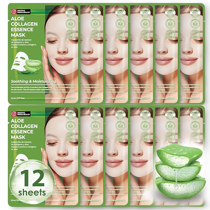 Innerest Original Derma Beauty Collagen Face Masks Skincare 12 PK Soothing Aloe Face Mask Skin Care Sheet Masks Set for Beauty & Personal Care Korean Face Mask