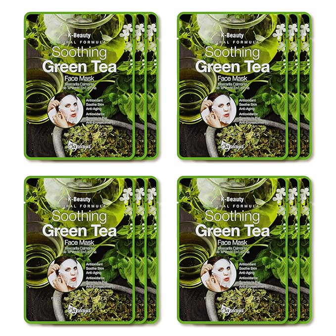 Saplaya Face Masks 12 Pack Scented Facemask Sheets Skin Care Mask Single Scent K-Beauty Natural Formula (Green Tea 12 Pack)