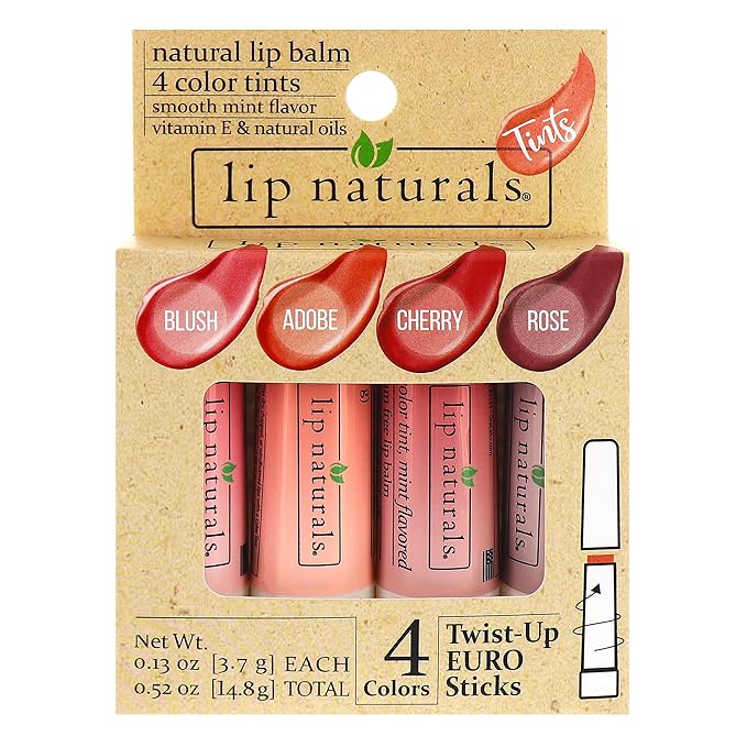 Lip Naturals Tinted Lip Balm 4 Pack of Assorted Colors with Beeswax, Coconut Oil, Vitamin E, and Aloe - Moisturizing Lip Care with a Smooth Mint Flavor