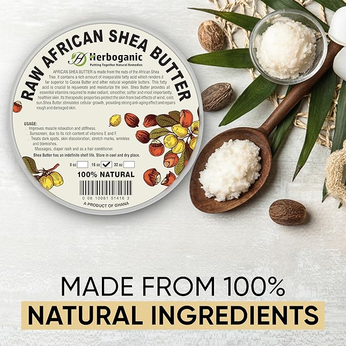 HERBOGANIC Pure African Shea Butter Raw Organic, White Ivory 100% Natural Unrefined | For Body & Hair Scalp Non GMO - 16 oz