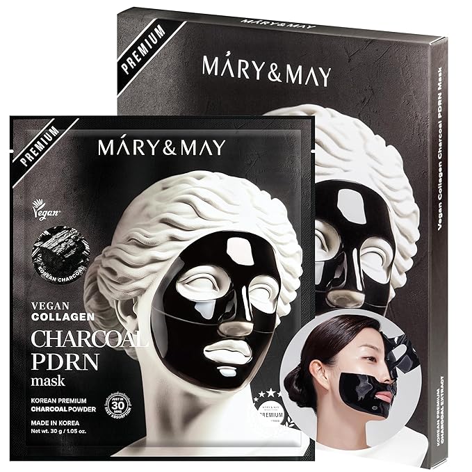 Mary&May Vegan Collagen Charcoal PDRN Mask - Face Sheet Hydrogel Mask - Low Molecular Collagen, 8 Hyaluronic Acid, Niacinamide - Purifying, Hydrating Korean Skincare for Dull & Oily Skin, 4 Sheets