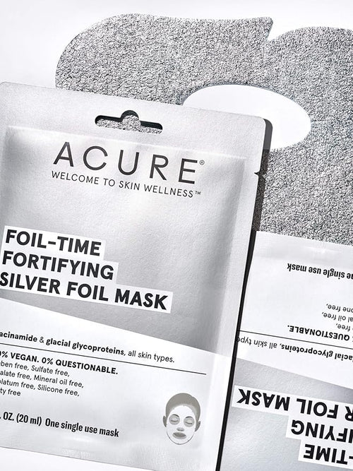 Acure Foil-Time Fortifying Silver Mask | 100% Vegan | Traps Heat to Open Pores For Superior Serum Delivery | Niacinamide & Glacial Glycoproteins - For Rejuvenated & Refreshed Apprearance | 1 Count
