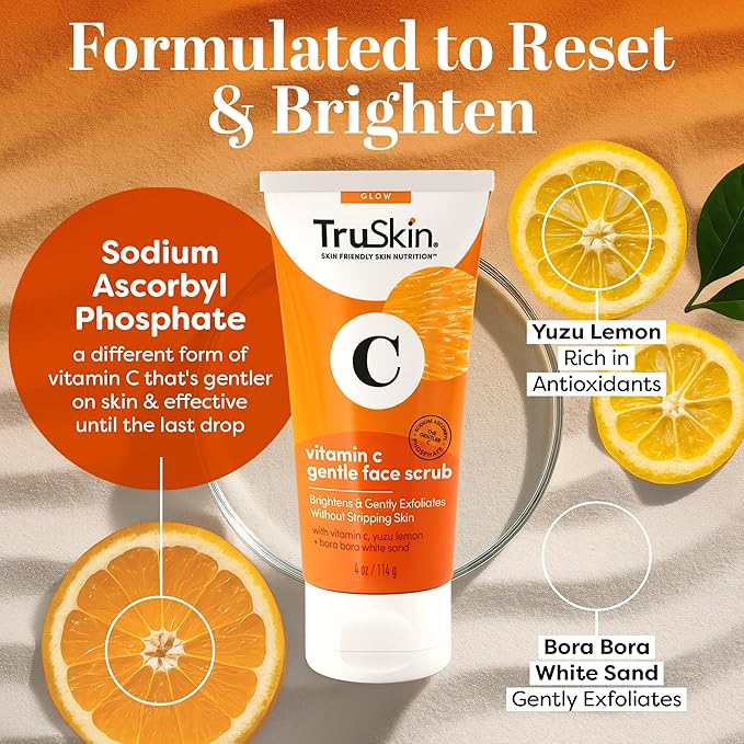 TruSkin Vitamin C Face Scrub & Face Exfoliator - Brightening Facial Scrub with Bora Bora White Sand & Yuzu Lemon - Smooths Texture and Reveals Softer-Looking Skin, 4 fl oz
