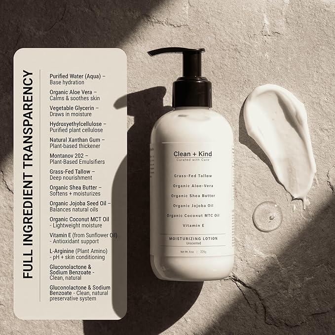 Daily Moisturizing Lotion – Tallow Body Lotion with Aloe Vera, Shea Butter, Jojoba Oil, MCT Oil & Vitamin E – Deep Hydration for Dry, Rough, Sensitive Skin (8 Fl Oz, Unscented)