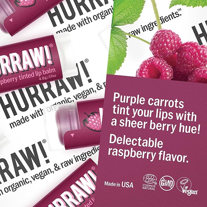 Hurraw! Raspberry Tinted Lip Balm: (Sheer Berry Tint) Organic, Certified Vegan, Cruelty and Gluten Free. Non-GMO, 100% Natural Ingredients. Bee, Shea, Soy and Palm Free. Made in USA