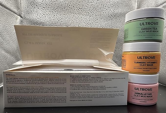 3-in-1 Clay Mask Set for Face | Green Tea, Turmeric Vitamin C & Himalayan Pink Clay | Deep Cleansing, Pore Refining, Moisturizing Facial Mask Kit (3.5oz Each) + Silicone Brush