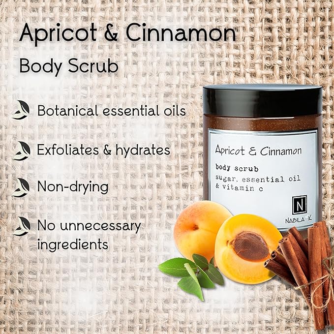 Apricot & Cinnamon Body Scrub Made in USA with Essential Oil and Vitamin C by Nabila K - Exfoliate and Moisturize for Smooth Skin - Luxury for Women & Men, 10 oz