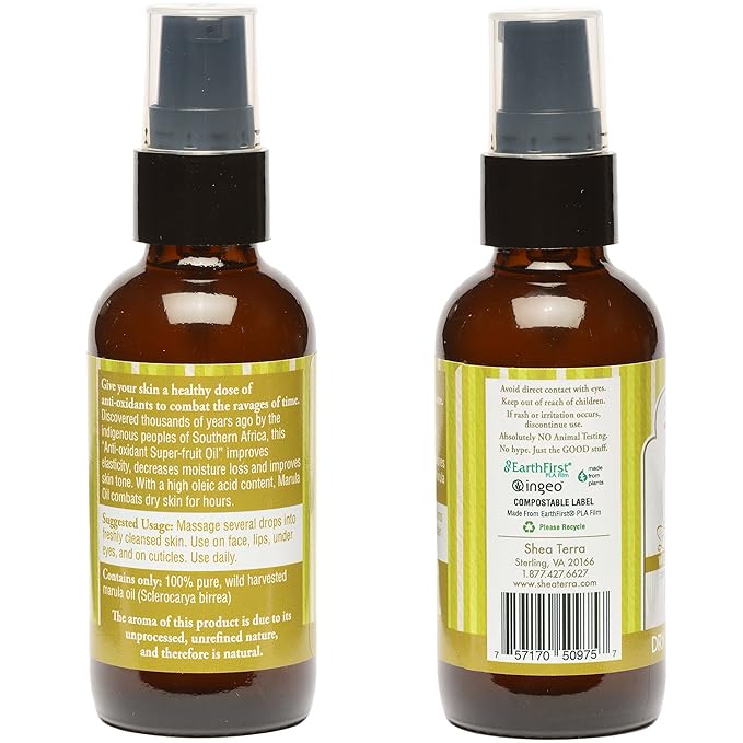 Shea Terra Namibian Marula Oil – 100% Pure Cold-Pressed Extra Virgin – Antioxidant-Rich Oil for Dry, Mature and Sensitive Skin – Natural Moisturizer for Face, Hair, Scalp and Cuticles – 2 oz