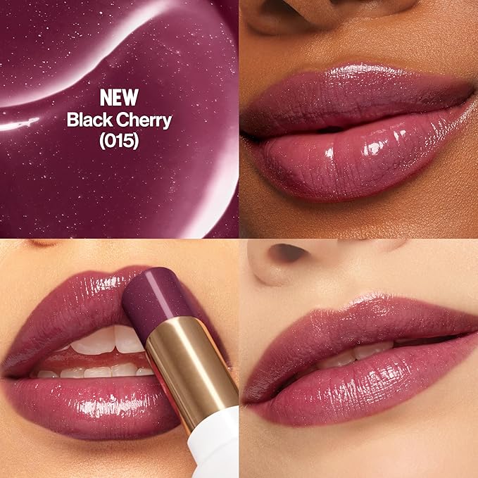 REVLON Super Lustrous Glass Shine Balm, Hydrating Tinted Lip Balm with Hyaluronic Acid, Aloe & Rose Quartz, Medium-Dark Plum Lipstick, NEW Shade, 015 Black Cherry, 0.11 oz