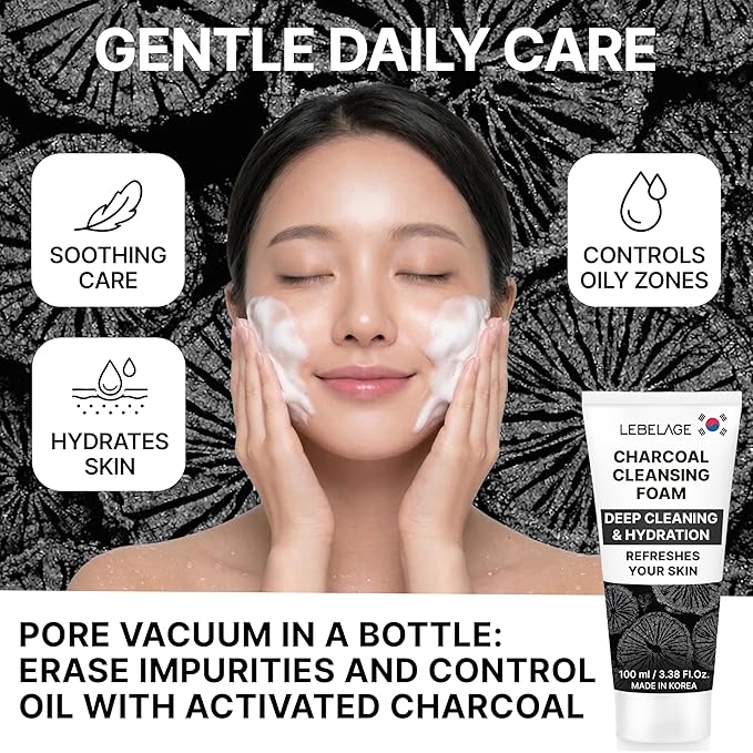LEBELAGE Korean Charcoal Facial Cleanser 3.38 oz | Cleansing Foam Face Wash | Low pH Gentle Hydrating Daily Facial Cleanser Sensitive Skin | Deep Cleansing Foaming Cleanser, Pore Care-All Skin Types