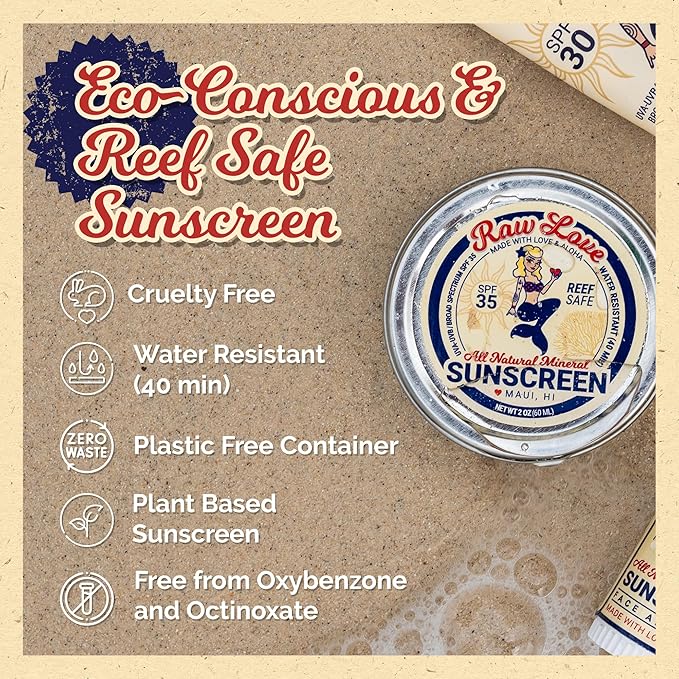 Raw Love Reef Safe Sunscreen SPF 30 + 5 (35) for Face & Body, Mexico & Hawaii 104 Reef Act Approved Biodegradable Sun Screen Travel Size, Water Resistant, Natural, 98% Organic Mineral Zinc Oxide, 2 Oz