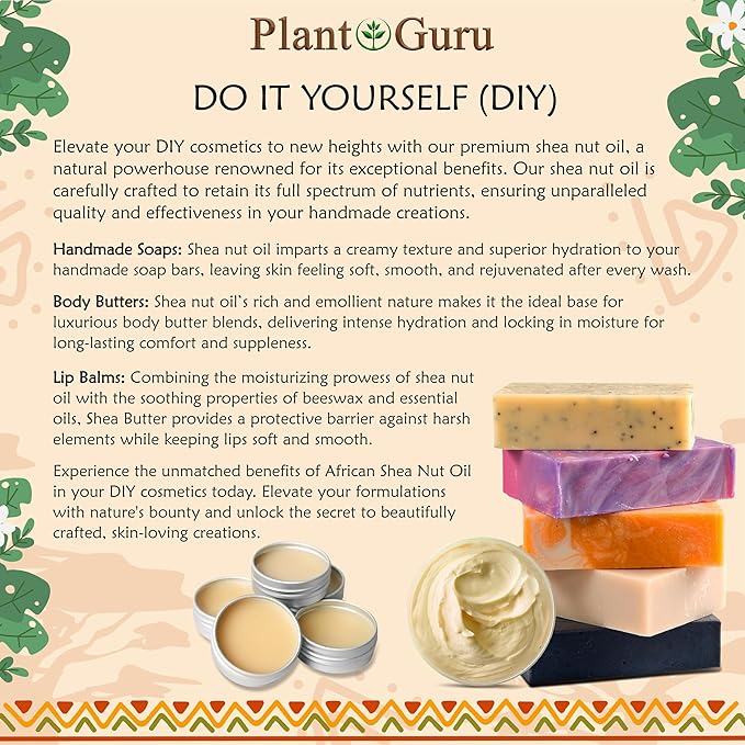 Plant Guru African Shea Nut Butter Oil 2 fl. oz. 100% Pure Natural Skin, Face, Hair Growth And Moisturizer. DIY Body Butters, Lotions, Creams, Lip Balm And Soap Making.